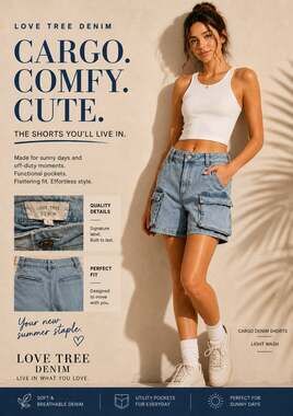 Love Tree Denim Cargo Denim Shorts in Light Wash